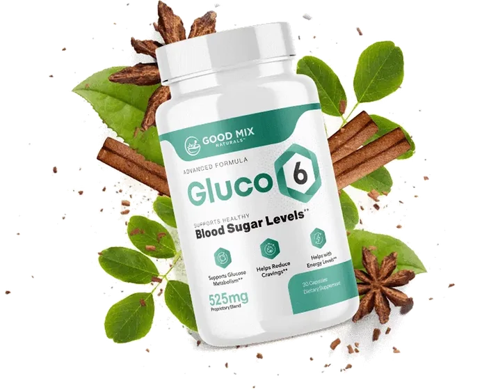 Gluco6 advanced formula blood sugar support supplement bottle with cinnamon, star anise and leaves