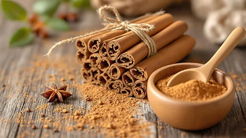 Cinnamon bark sticks and ground cinnamon in a wooden bowl