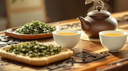 Tea leaves and cups of tea on a wooden table