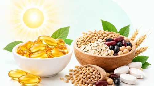 Vitamin D3 capsules, grains and tablets with a bright sun